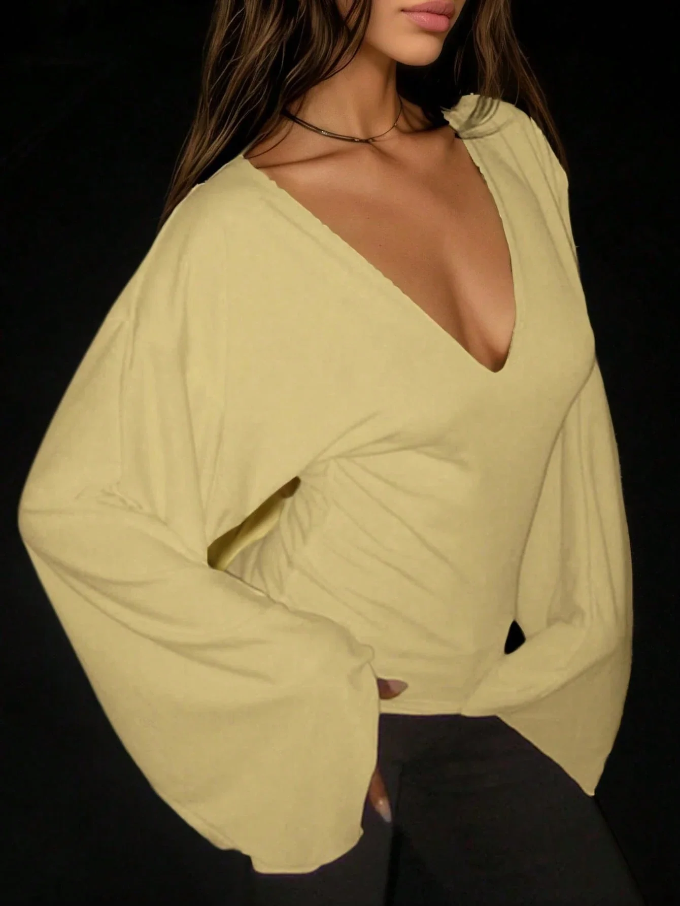 Deep V-Neck Long Sleeve Knit Blouse Women Soft Stretchy Casual Yellow Top