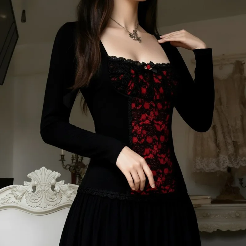 Gothic Lolita Red Black Lace Patchwork Long Sleeve Top Y2K Women Square Neck Slim Fit Gothic E-girl Crop Top