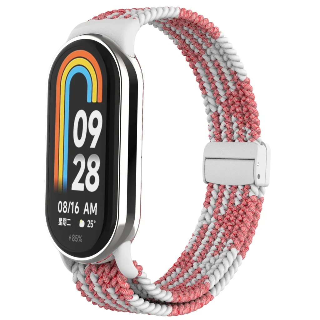 حزام مضفر من النايلون المغناطيسي مع إبزيم بلاستيكي مناسب لـ Xiaomi Miband 8/9/10 حزام نايلون مرن منسوج مغناطيسيًا