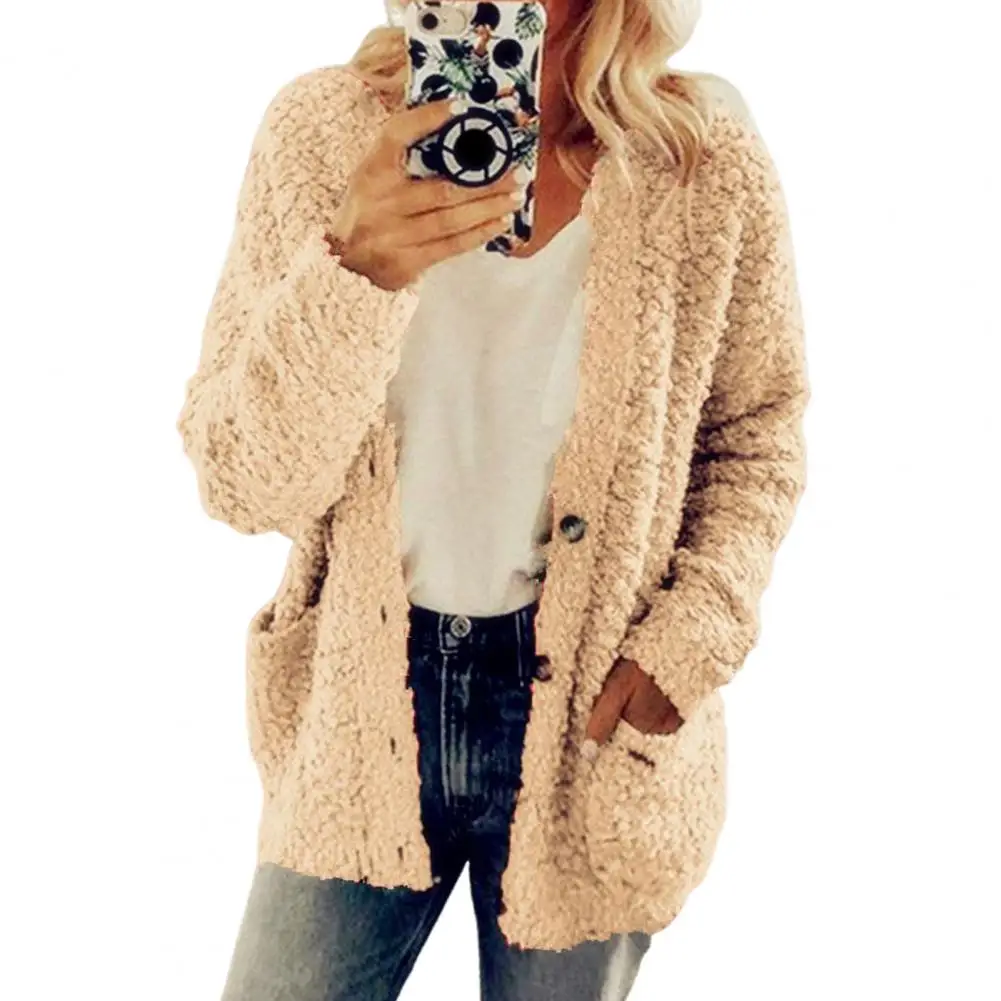 Women Spandex Jacket Warm Plush Coat with Pockets for Autumn Winter Work Plush Jacket