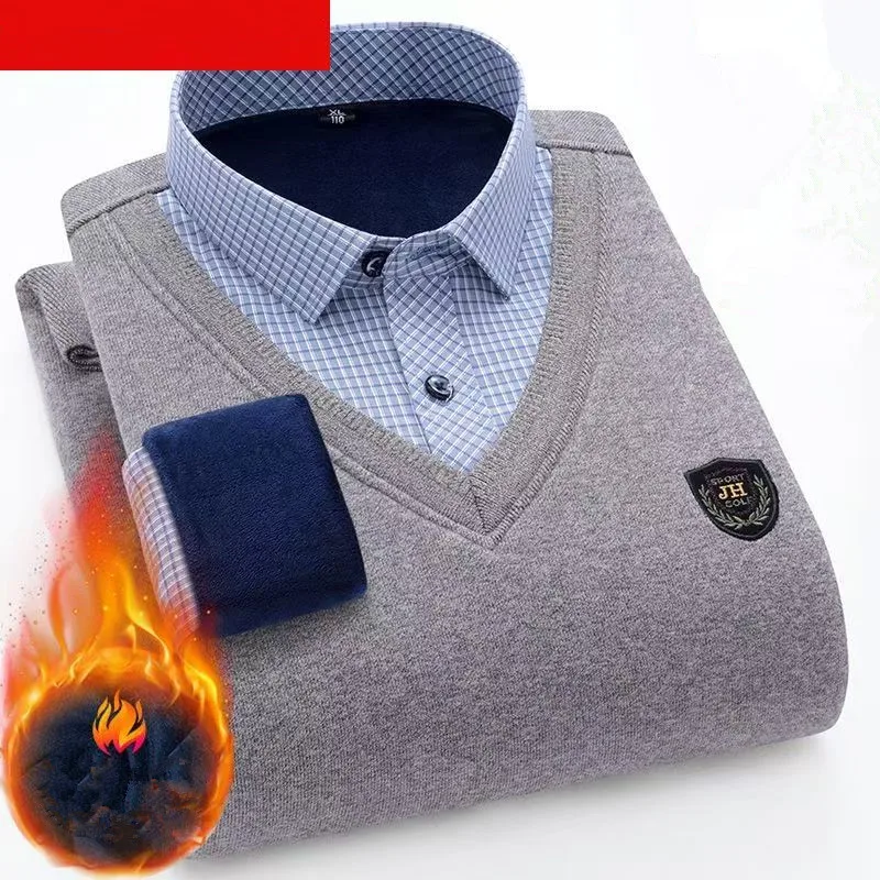 2025 Winter and autumn fleece-lined warm pullover men's fashionable, individualistic, slim-fit business-style sweater L-4XL