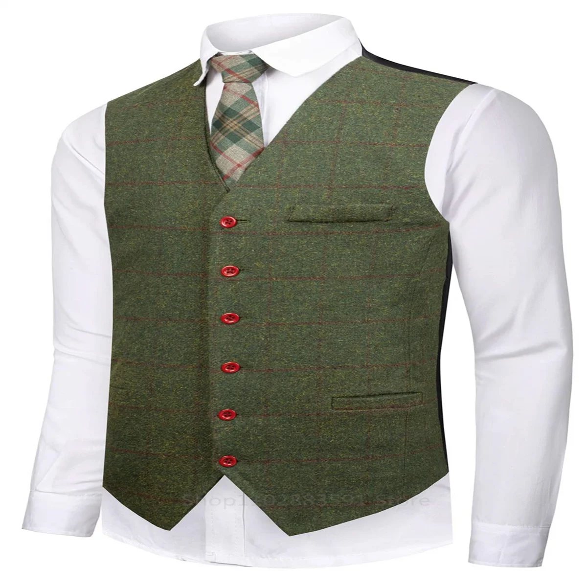 Green Woolen Plaid Men Suits Slim Fit Wedding Groom Tuxedo Notch Lapel Business Party 3 Piece Set Costume Homme Jacket Vest Pant