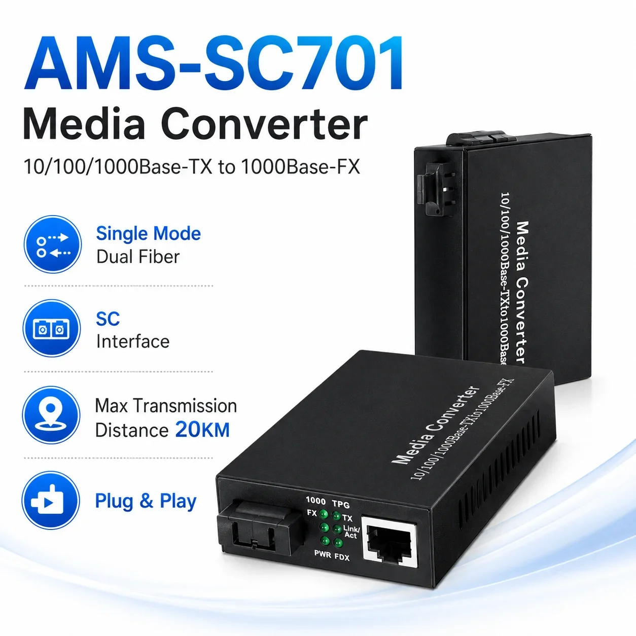 SC701 MC701 Single Mode Multi-mode Fiber Receiver Transmitter External Power Dual Fiber 20KM 300M for Outdoor LED Video Wall