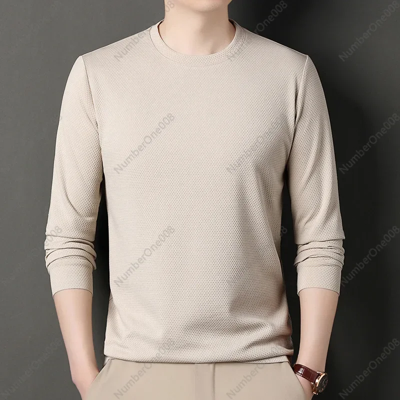 New Men's Crew Neck T-shirt Autumn Honeycomb Grid Long-sleeved T-shirt Middle-aged Casual Loose Solid Color Versatile Top