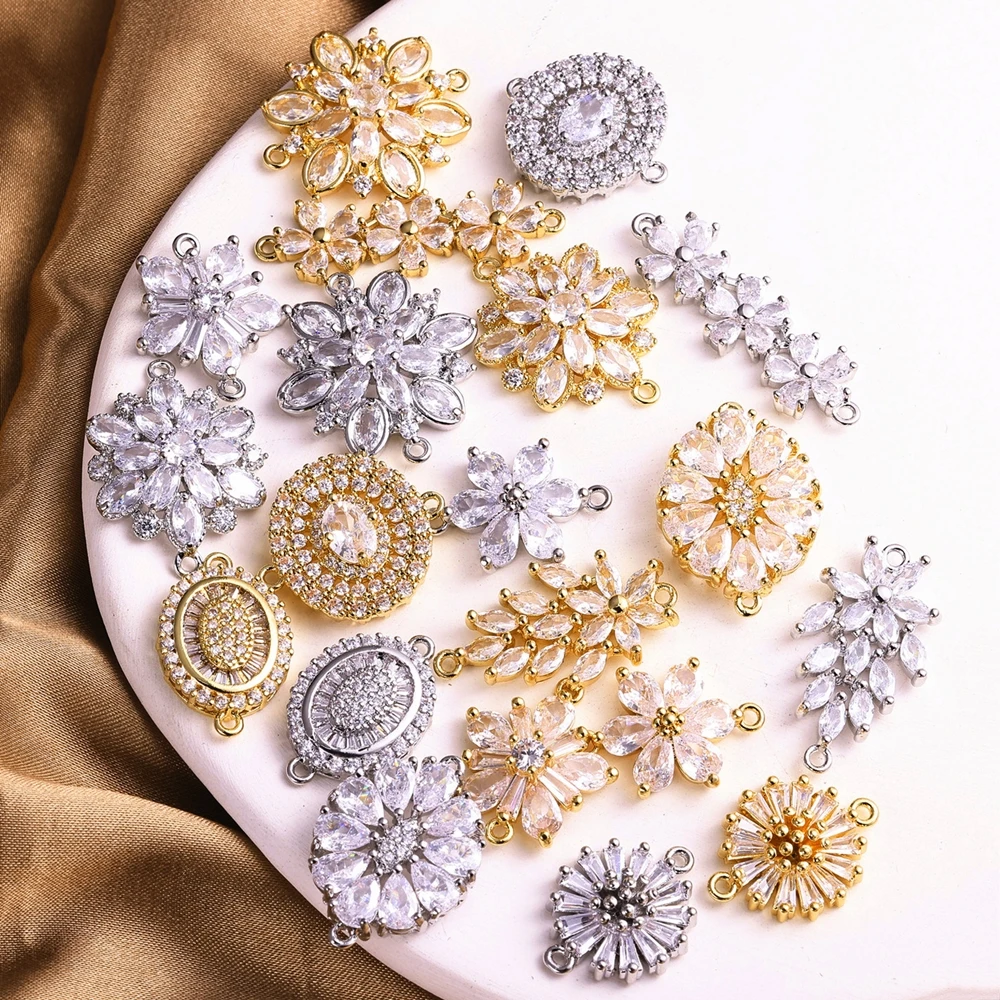 Juya 3Pcs/Lot Handmade Decorative Cubic Zirconia Flower Charms Connectors Accessories For DIY Bracelet Earring Jewelry Making