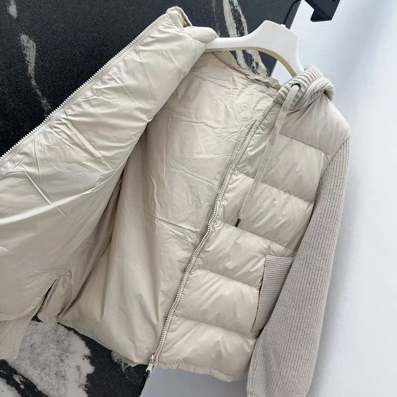 Dameswollen patchwork donsjack met capuchon, modieuze, casual en veelzijdige warme jas, hoge kwaliteit, herfst en winter,