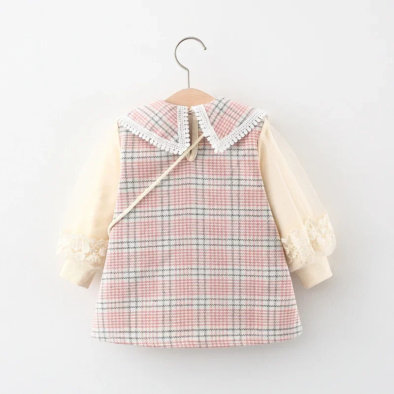 2 Pcs Spring and Autumn New Girl Baby Long Sleeve Dress Sweet plaid Large Collar Princess Dress Comes with Flower Pack