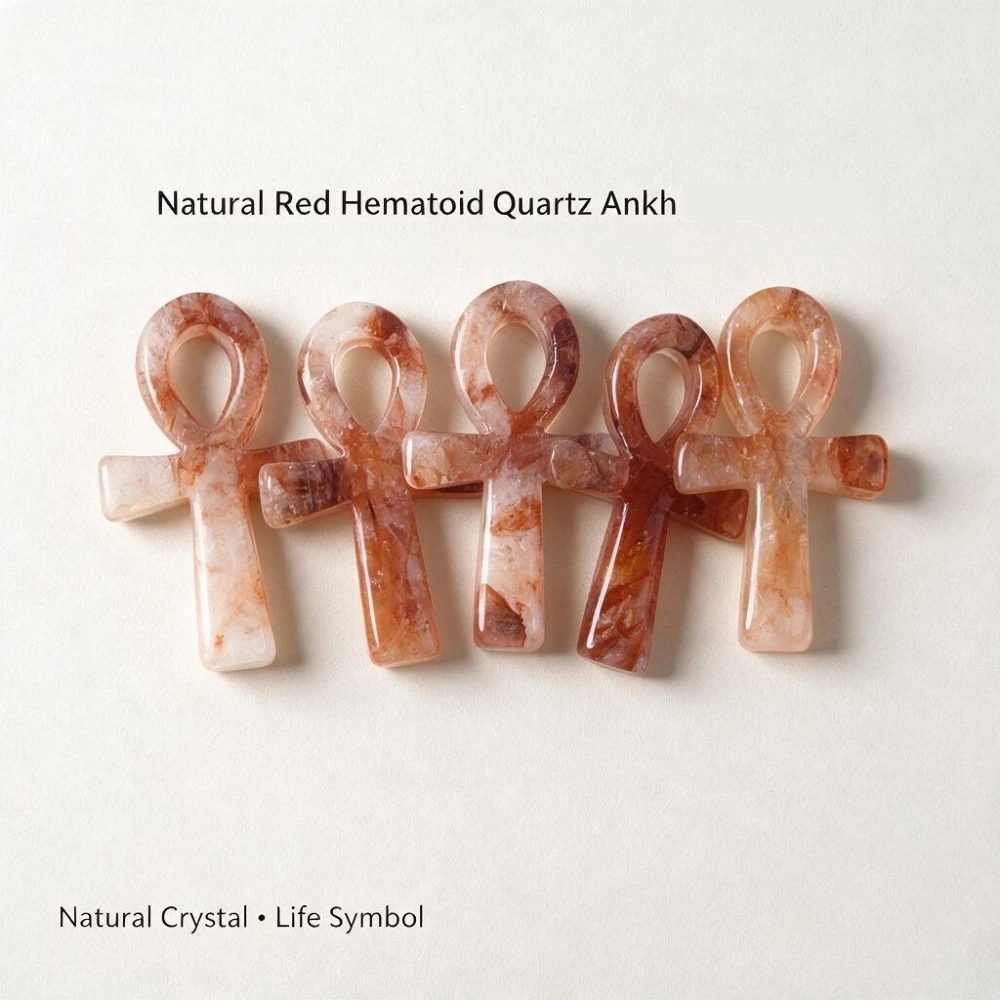 Natural Fire Quartz Ankh Symbol Figurine, Hand Carved Stone Cross Ornament, Mini Desktop Decoration Collectible Gift