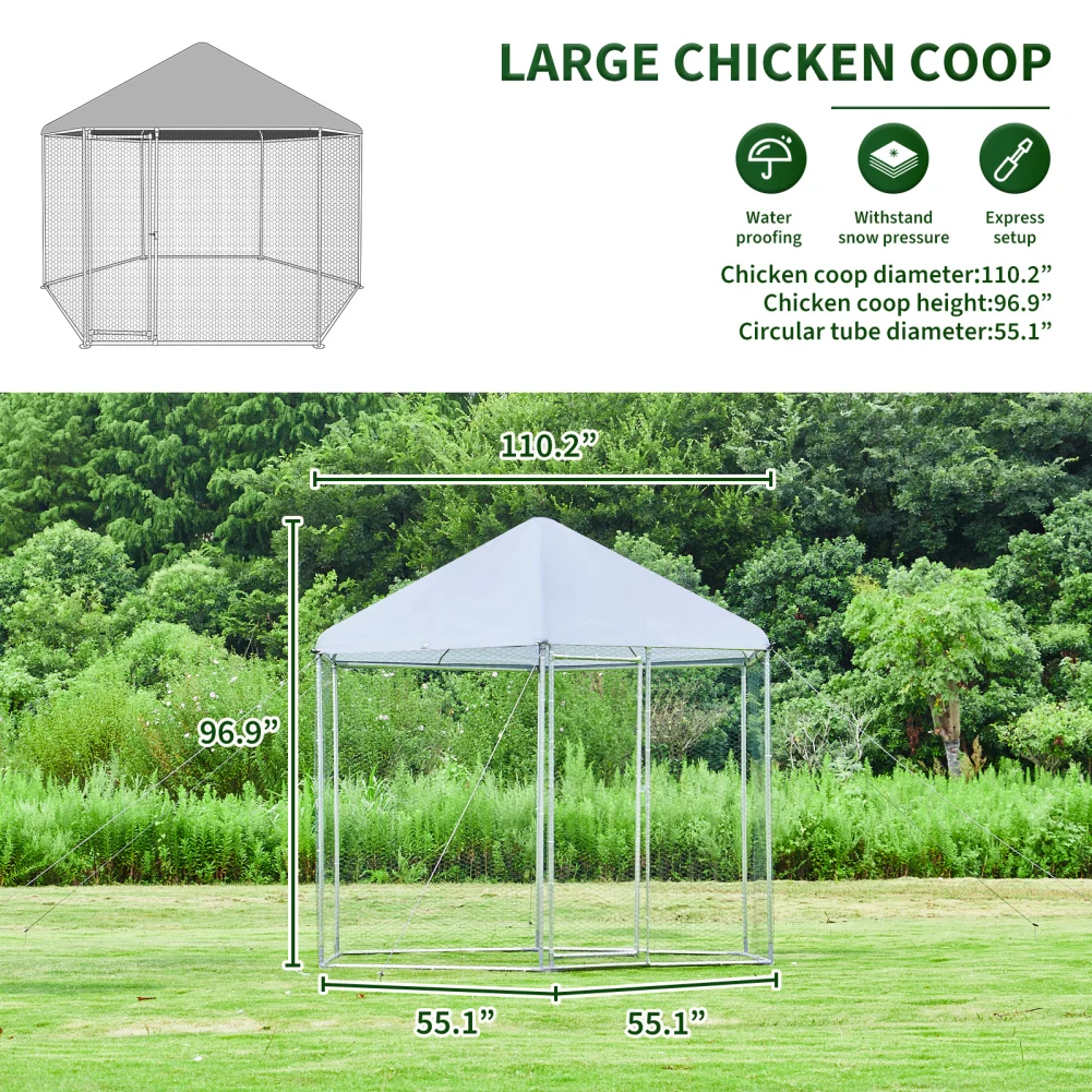 

9.2x8.1FT Large Metal Hexagonal Chicken Coop Poultry Cage With Steel Frame Waterproof Anti-UV Oxford Tarp For Outdoor Backyard