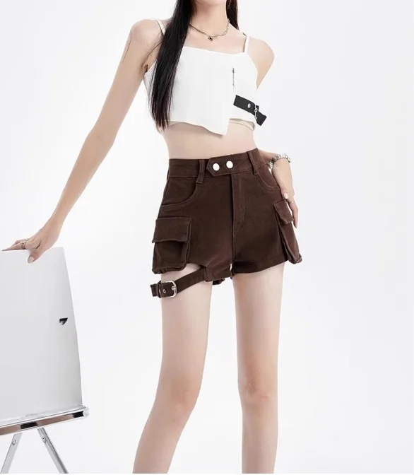 Denim Shorts Women Vintage Solid Color Ladies High Waist Wide Leg Trousers Fashion Pockets Simple Buttons Streetwear Summer