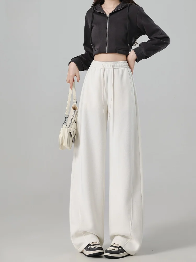 Fitn عادية بنطال ذو قصة أرجل واسعة المرأة خريف شتاء جديد فضفاض مريح مستقيم قطع بنطلون رياضي عالية الخصر مزيج القطن