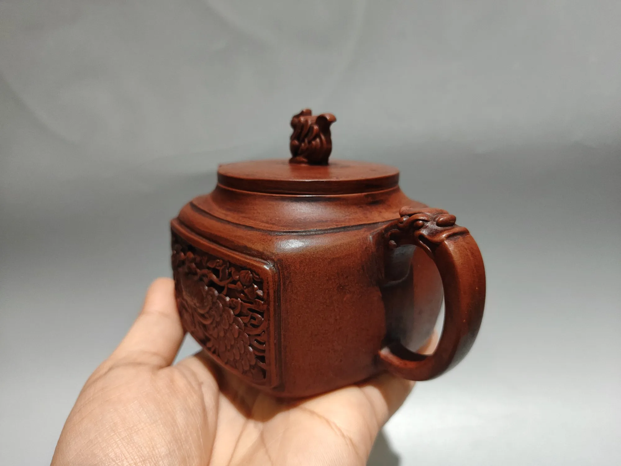Yixing Purple Clay Teapot Raw ore red mud Four sided hollow out Phoenix pattern Dragon Mouth Pot Kettle Teapot Ornaments