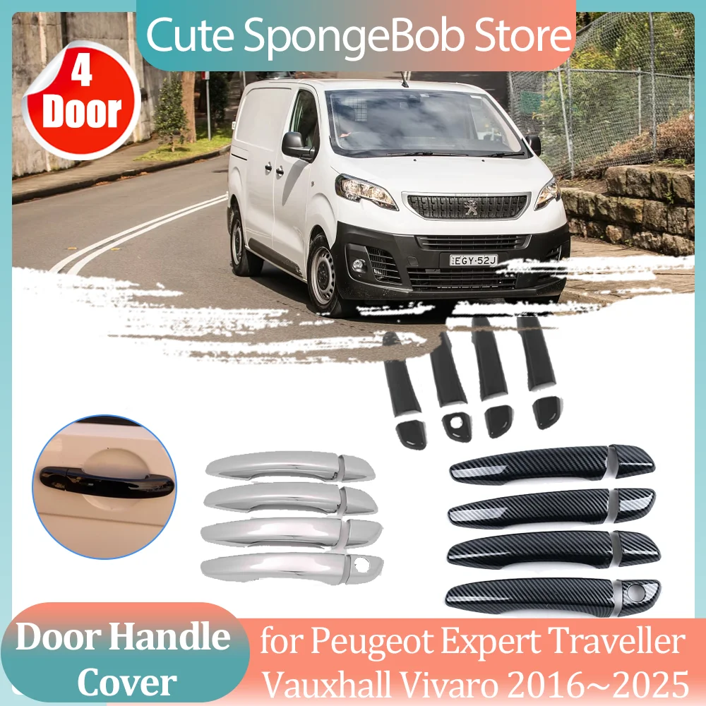 Car Handle Cover for Peugeot Expert Traveller Vauxhall Vivaro 2016~2025 Carbon Fiber Black Door Sticker Trim Strip Accessories