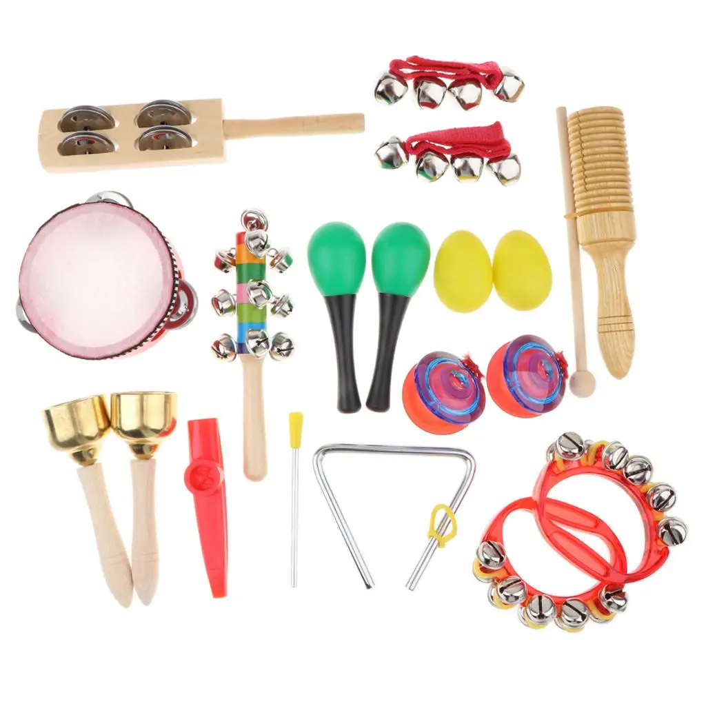 Musical Instruments 18 pcs 12 in 1 Music Rhythm Percussion Toy Set Educational Toy for Kids Tambourine Claves Handbell Set Bag