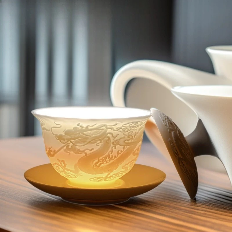 HYS relief suet jade dragon and phoenix chengxiang ultra-thin three talents cover bowl teacup tea bowl single brewed tea white