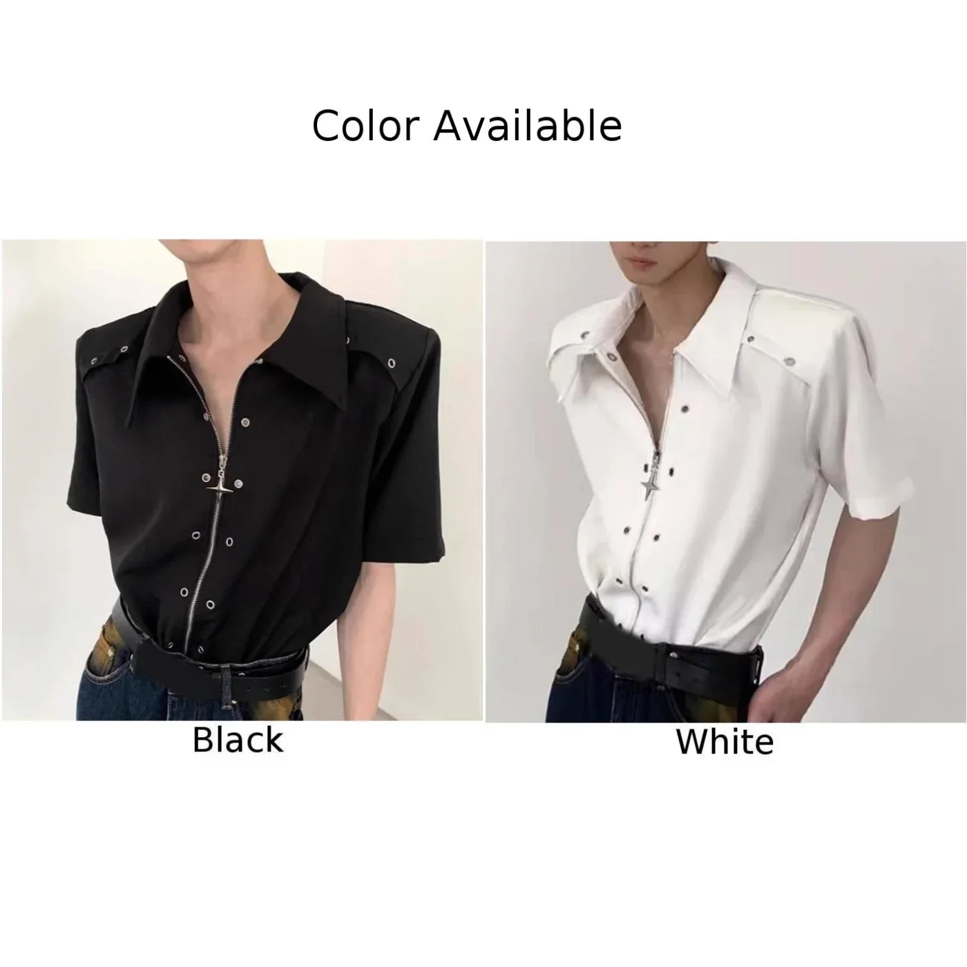 Camisas de manga corta con hombreras y hebilla de metal deconstruidas para hombre Tops de moda