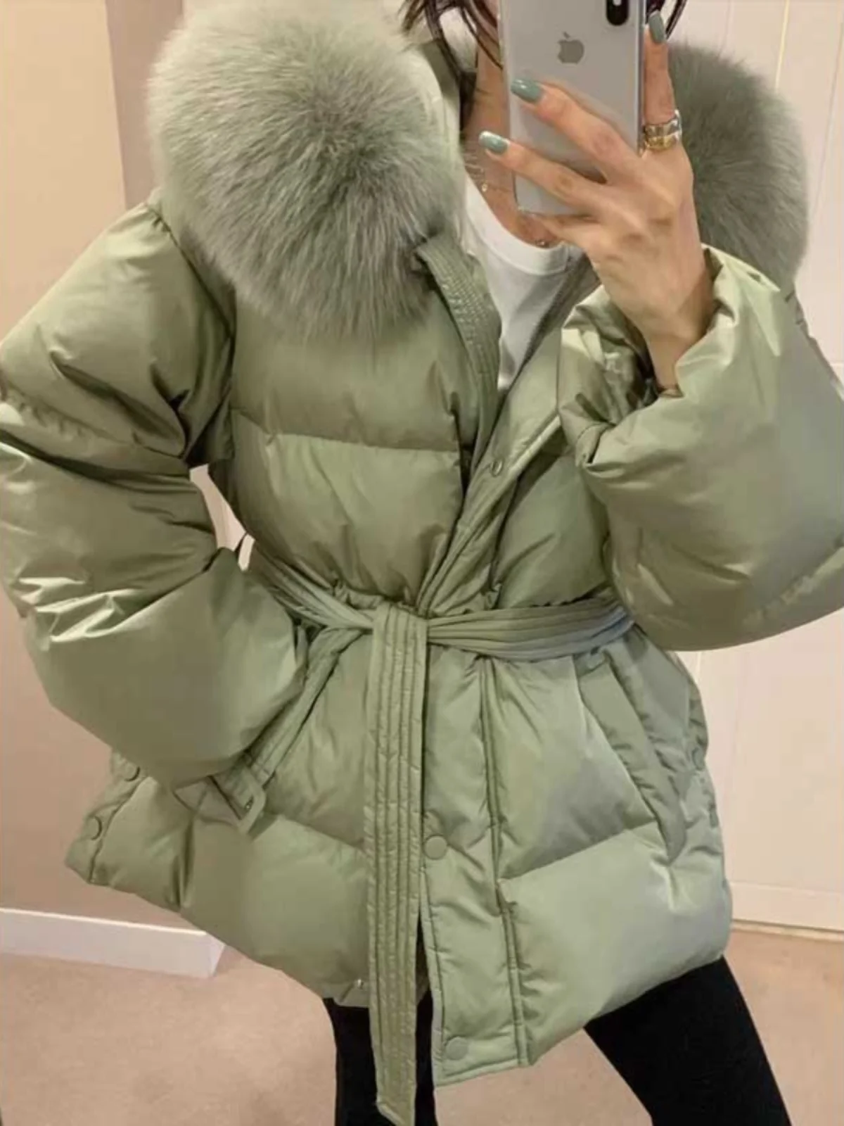 

Thiened down Cotton Jaet Women's Hooded Loose Waist Belted Warm Parka Bread Coat Trendy Large Fur Collar Long Sve Zipper