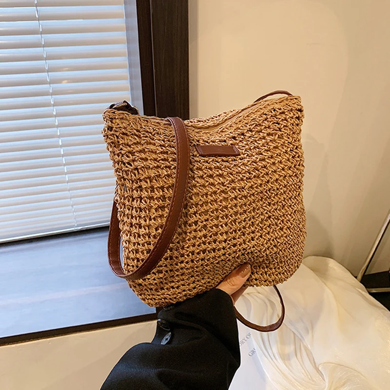 Bohemian Straw Beach Bags For Women High Capacity Handmade Shoulder Bag Casual Woven Totes Bag Shopping Clutch Handbag Purse