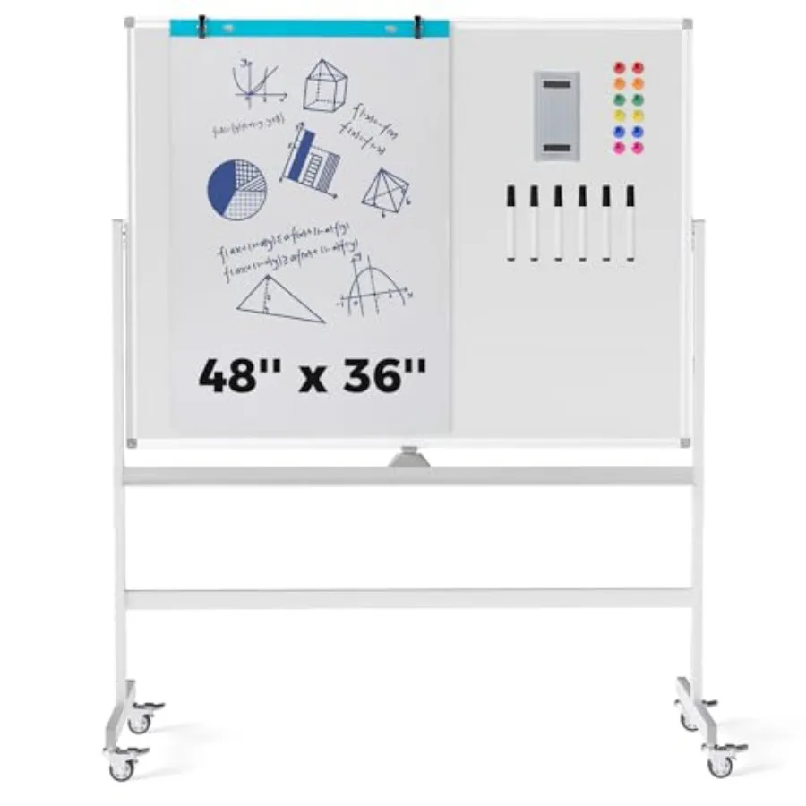 

Двусторонняя магнитная доска для записей с сухостираемым покрытием, 48 x 36 дюймов, на колесиках, с регулируемой высотой и подставкой