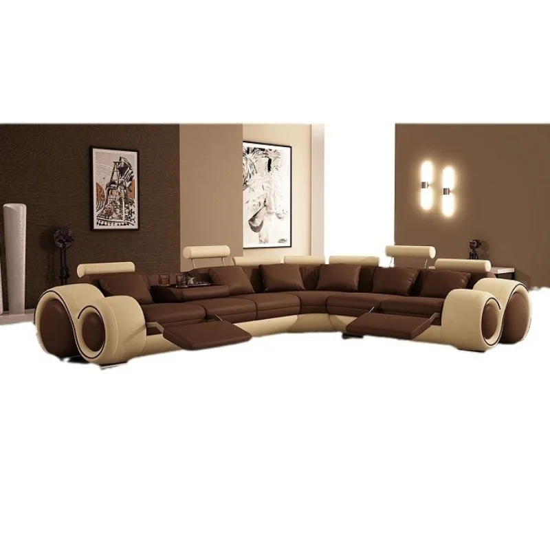 Creative leather functional sofa combination L-shaped leather sofa, villa leather sofa large professional