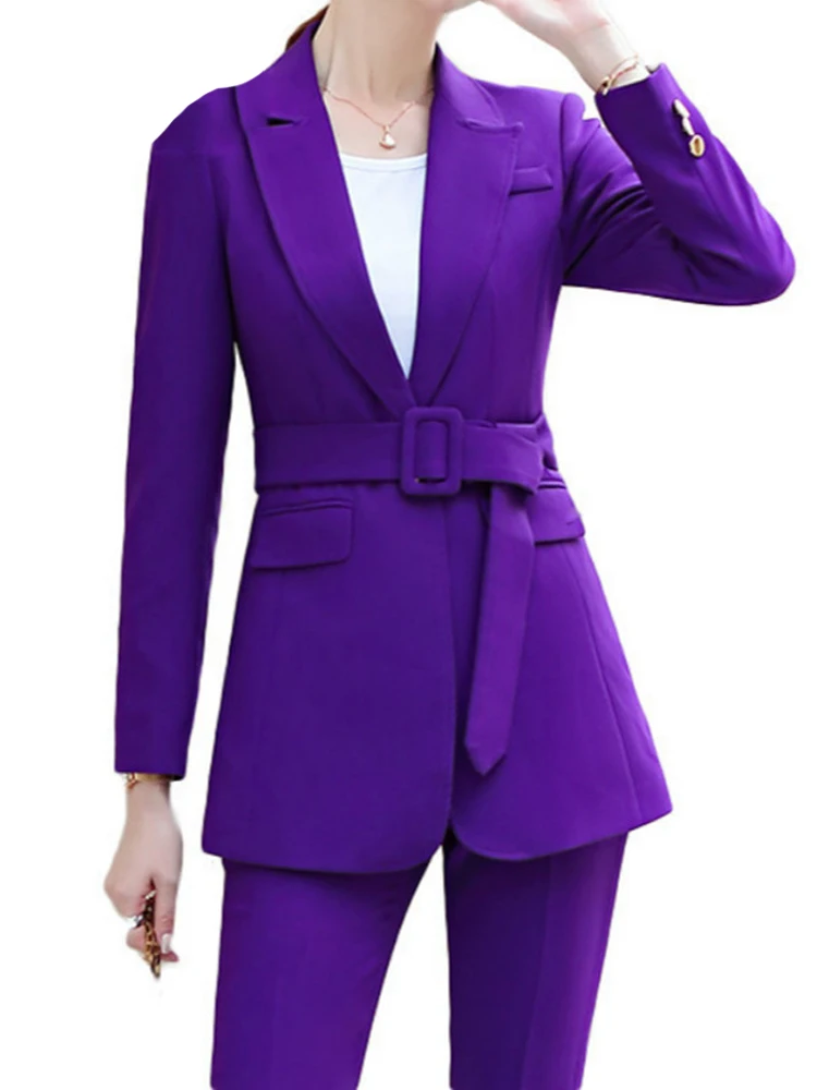 Purple Long Women Blazer and Pants 2 Pcs Set Two Piece Suit with Waist Belt Autumn 2022 Office Black Coat Sashes Business S-4XL