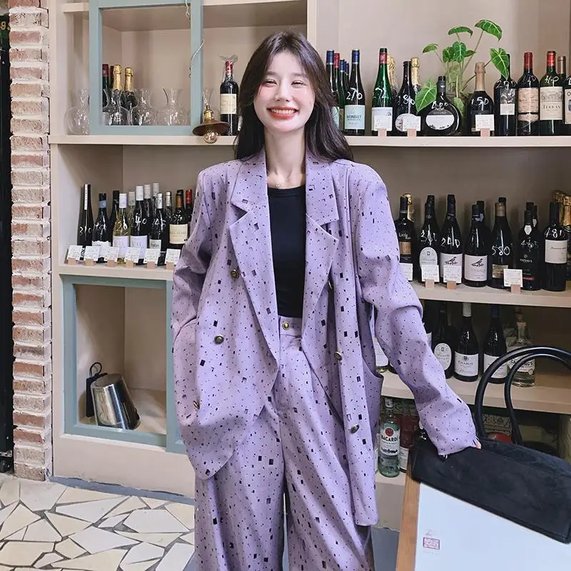 EAEOVNI Lila 2025, Herbst Neue Zwei Stück Set Frauen Mode Kontrast Farbe Design Blazer Mantel + Breite Bein Lange Hosen kleidung