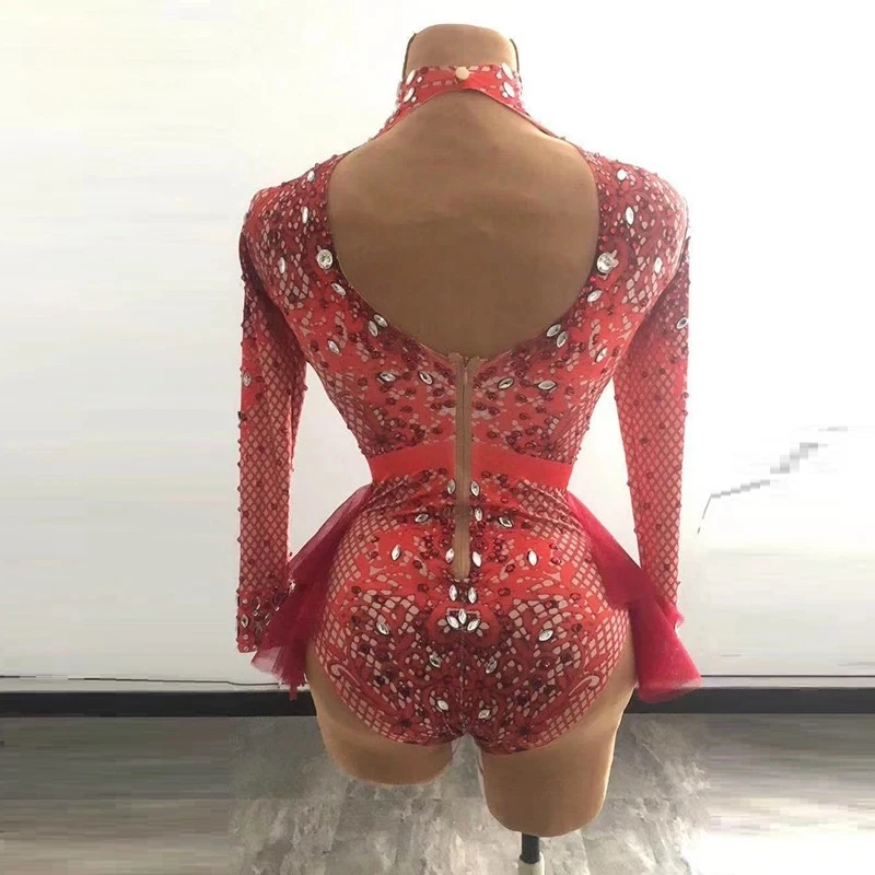 Stage Singer Show dance Leotard glitter Rhinestones pink red Ruffle long sleeve Bodysuit Women nightclub Prom concert costume