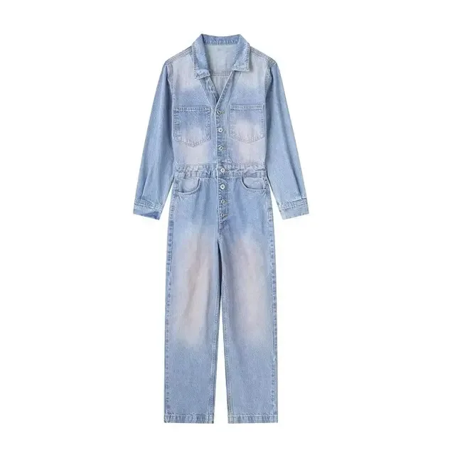 

New Women Fashion Turn Down Collar Pink Washed Denim Jumpsuit Office Lady Female Casual Single Breasted Long Sleeve Jumpsuits