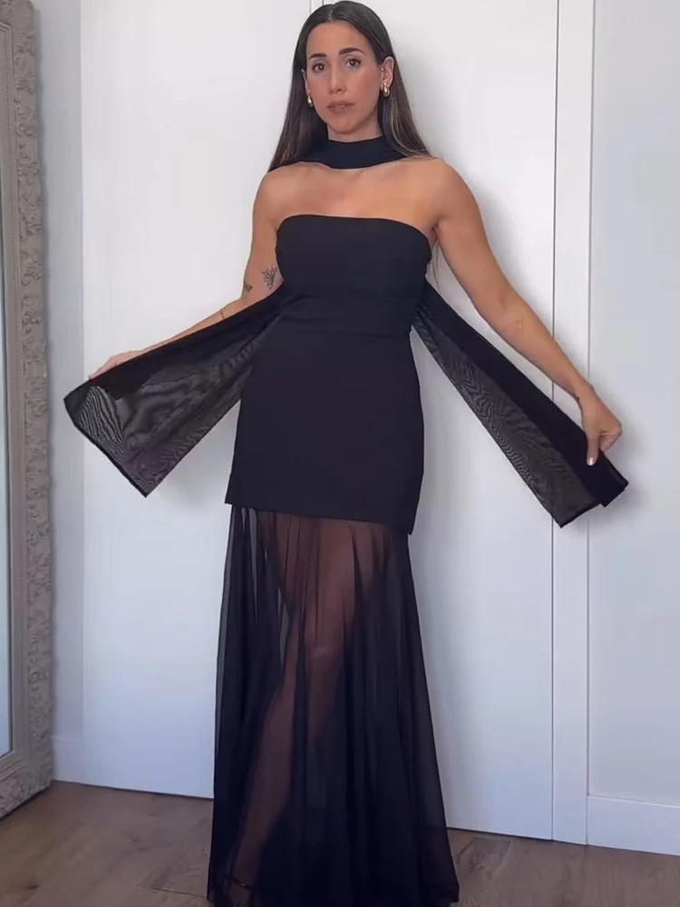 เดรสผ้าคลุมไหล่ผู้หญิง TFMLN 2026 รุ่นใหม่ ผ้าคลุมอกแบบผูก ผ้าตาข่ายซีทรูต่อผ้า ด้านหลังเปลือย ยาว แฟชั่นสำหรับผู้หญิง ใส่ไปงานปาร์ตี้ริมชายหาด