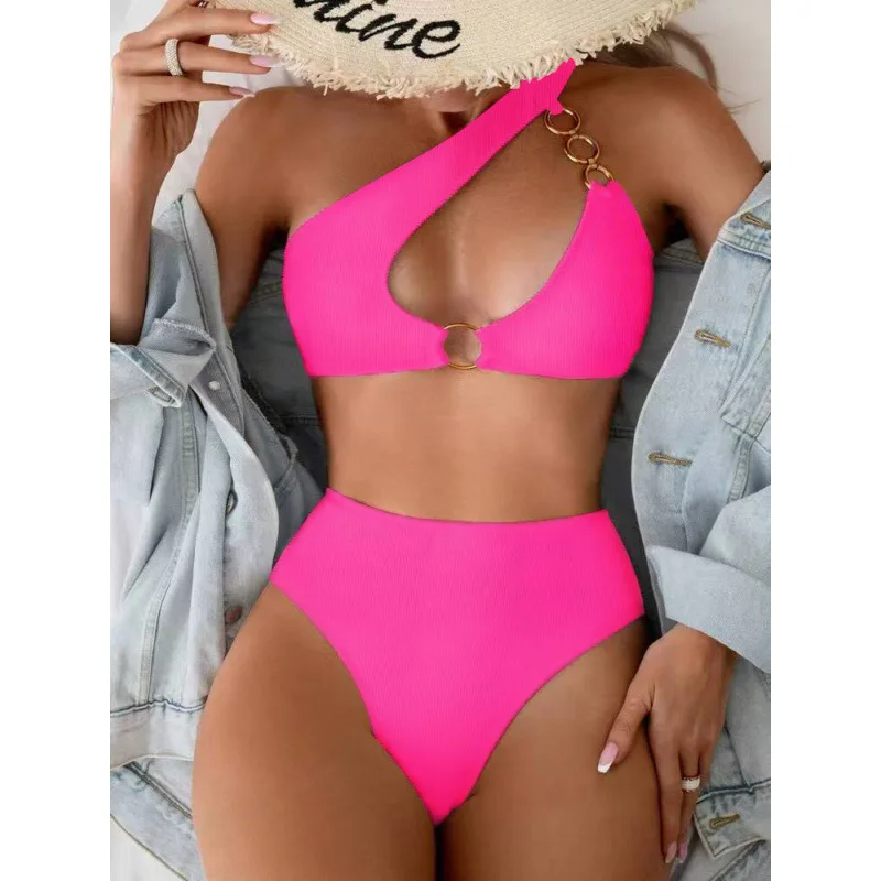 

2025New swimsuit Solid Color Ribbed Single Strap Metal Buckle Women's Two-Piece Bikini Swimsuit