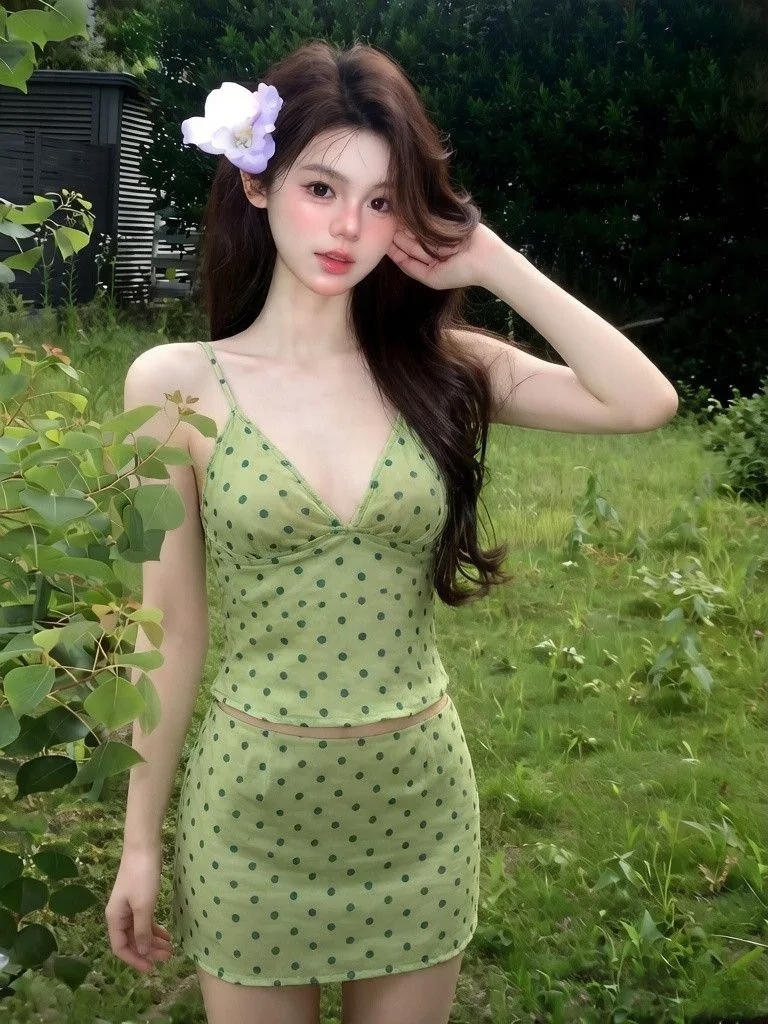 

Green Polka Dot Bikini Pure Desire Sexy Separate Skirt Style Swimming Suit for Vacation Hot Spring Soaking Slimming Small Chest