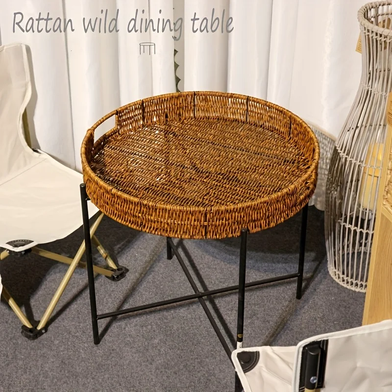 ラウンドpeラタンサイドテーブルポータブル折りたたみ式耐候性屋外コーヒーテーブルパティオガーデンバルコニー用