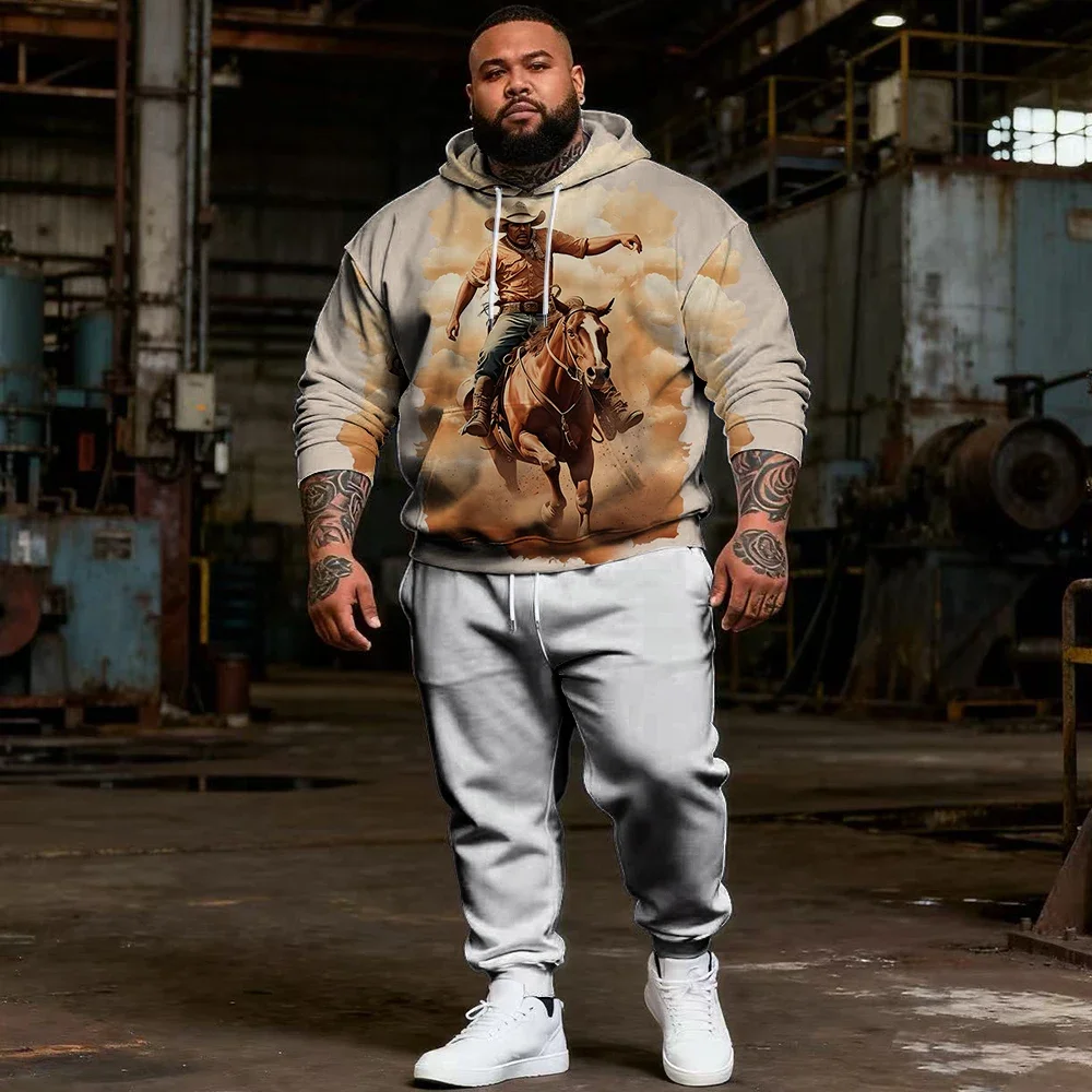 Men's Plus Size 2 Piece Western Graphic Pullover Hoodie and Jogger Pants Set, Cowboy or Horse Artwork for Casual Wear, S-9XL