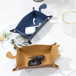 19.5*13cm Cute Cat Shape Tray Faux Leather Storage Basket Foldable Metal Snap Buckle Desktop Coins Keys Tissue Organizer Holder