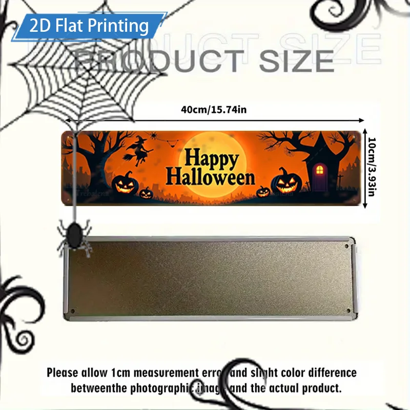 1pc Metal Sign, 4x16inch Halloween Flat Printing Metal Sign, Happy Halloween Pumpkin Bat Scene Decor