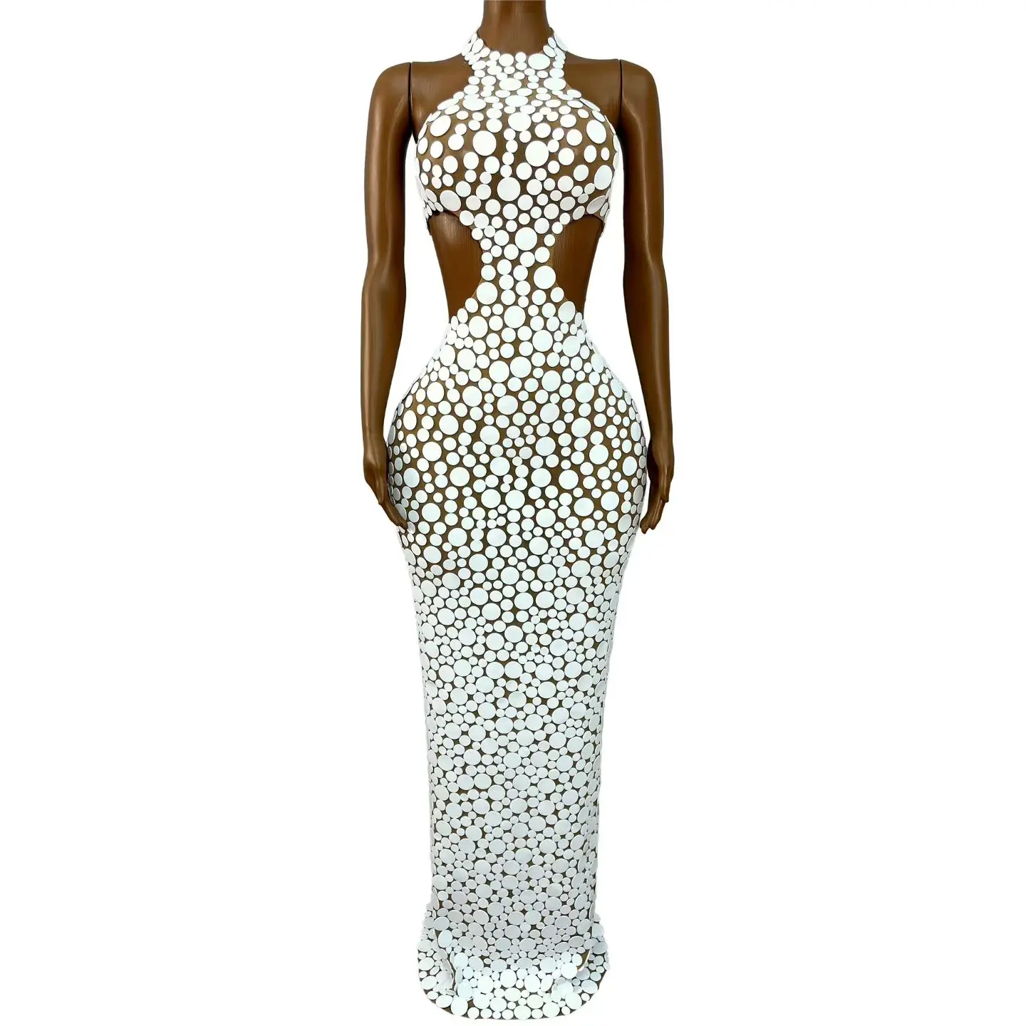 Guabochangqun Women White Rhinestone Sequin Mermaid Dress Halter Cutout Bodycon Long Gown Evening Party Prom Club Stage Costume
