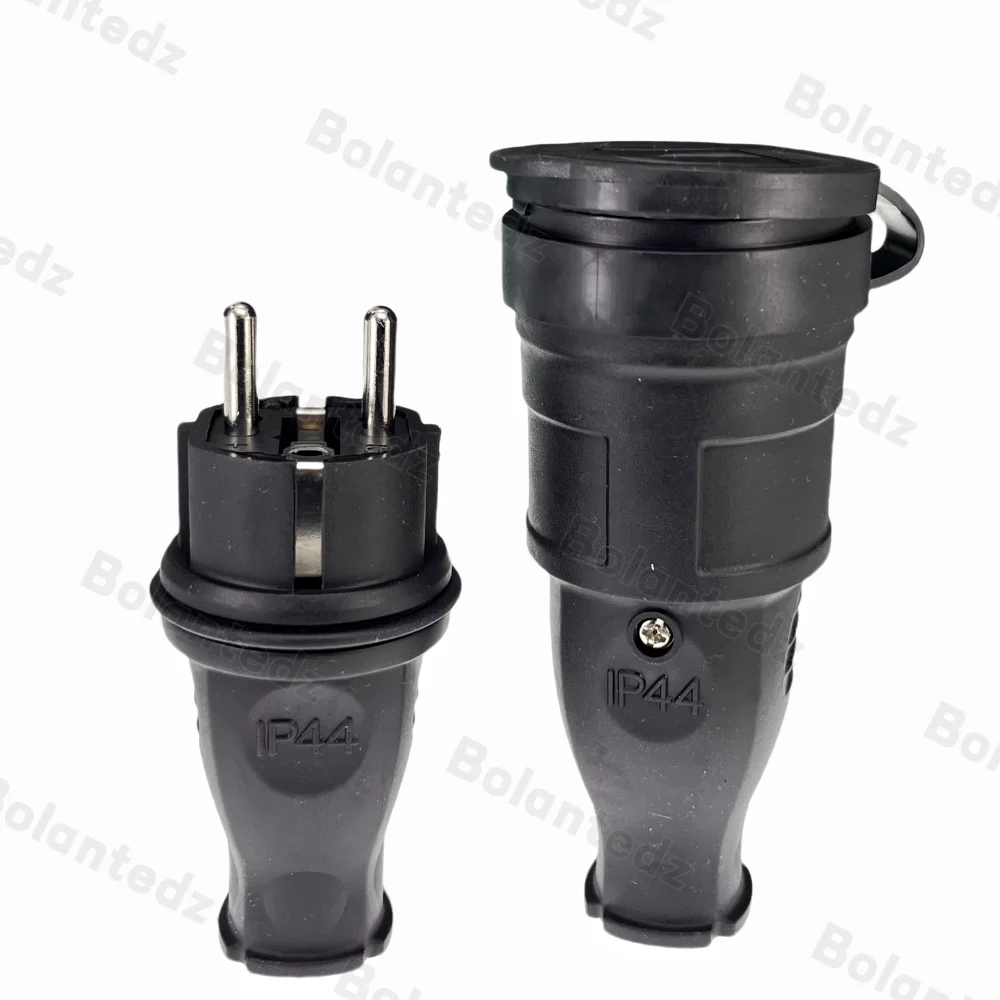 Bolantedz EU Rubber Waterproof Socket Plug Electrial Grounded European Connector With Cover IP44 For DIY Power Cable Cord 16A