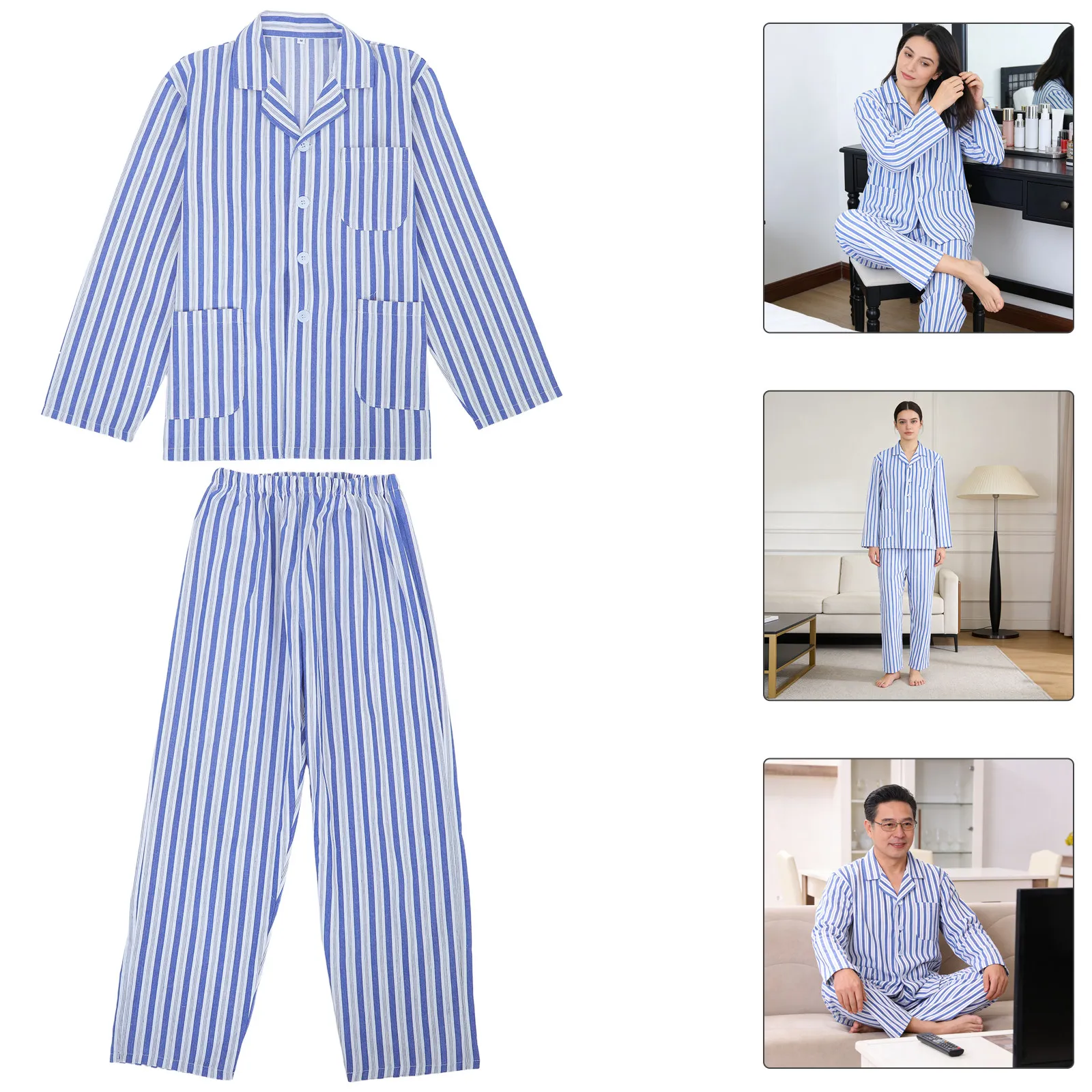1 set volwassen ziekenhuispyjama's van katoen, comfortabel, ademend, lichtgewicht, patiëntenkleding, lange mouwen, blauw, wit gestreept, maat M