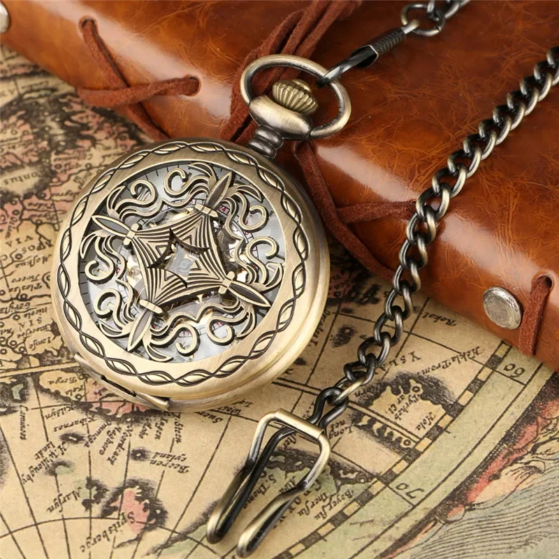 Retro Hollow Knot Design Pocket Watch Half Hunter Handwinding Mechanical Watches with Pendant Chain for Men Women Arabic Number