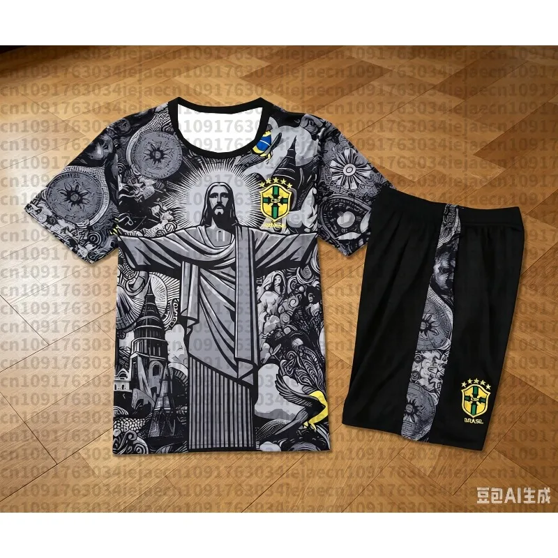 Image of 2026 Streetwear 2-teiliges Set für Erwachsene und Kinder Brasilien Christus der Erlöser Kurzarm-T-Shirt Shorts Sommer Fußball-Trainingsanzug