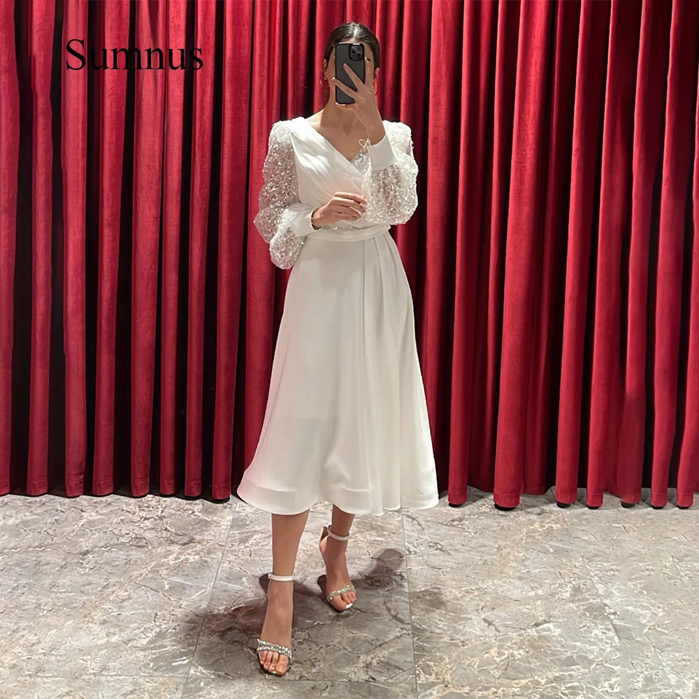 

Sumnus White A Line Saudi Arabic Wedding Party Dresses Long Sleeve Pleats Satin Dubai Evening Prom Dress Tea Length Formal Gowns