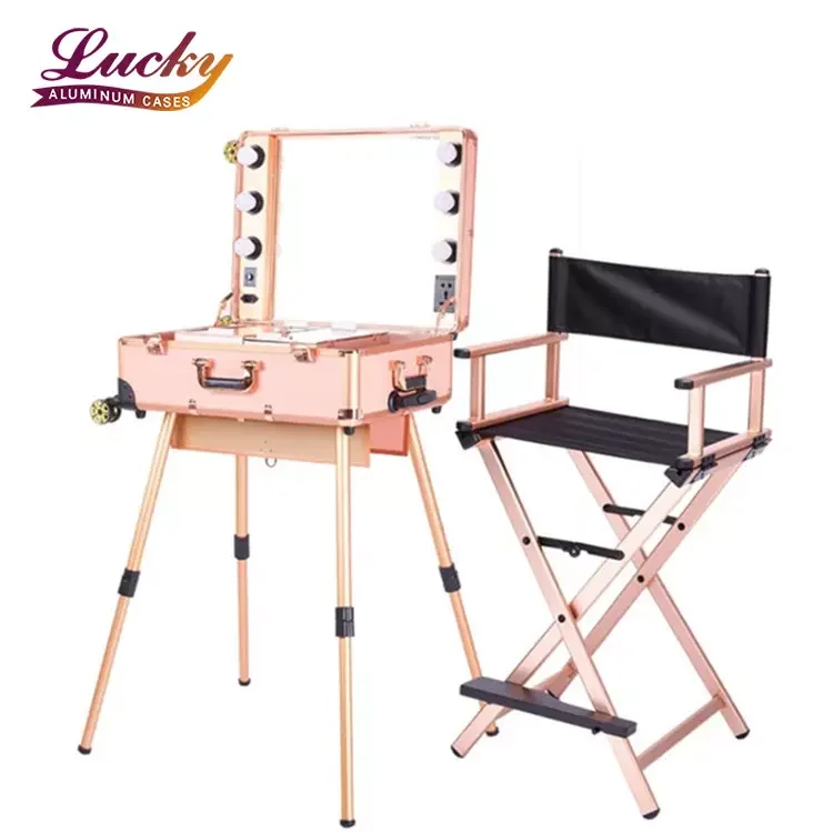 Rolling Makeup Case With Chair Dismountable LED Lights Vanity case With Free Standing Workstation For Professional Makeup Lover