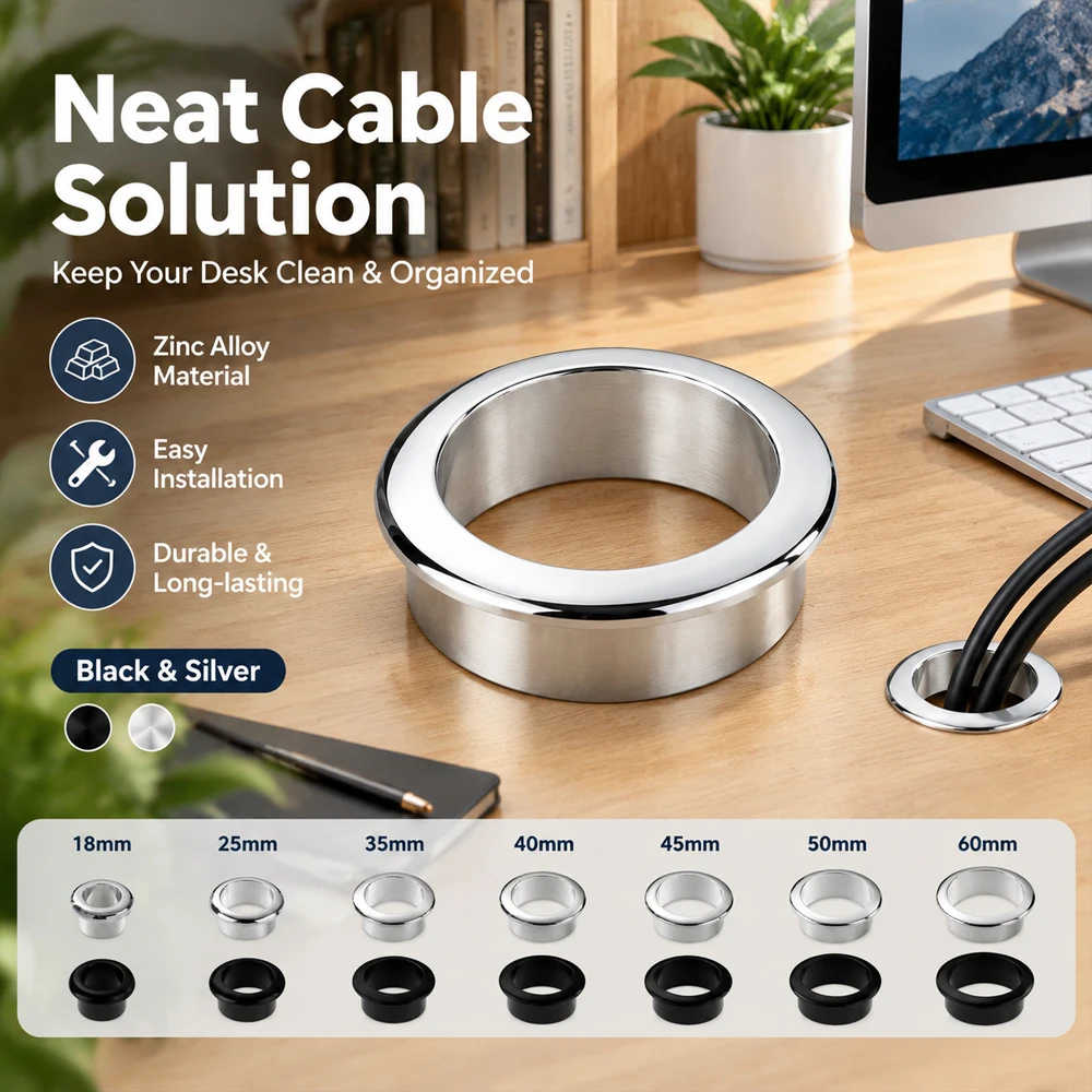 1-5Pcs Zinc Alloy Desk Grommet Cover 18-60mm, Cable Port Hole Cover with Brush, Wire Management Furniture Decorative Outlet Plug