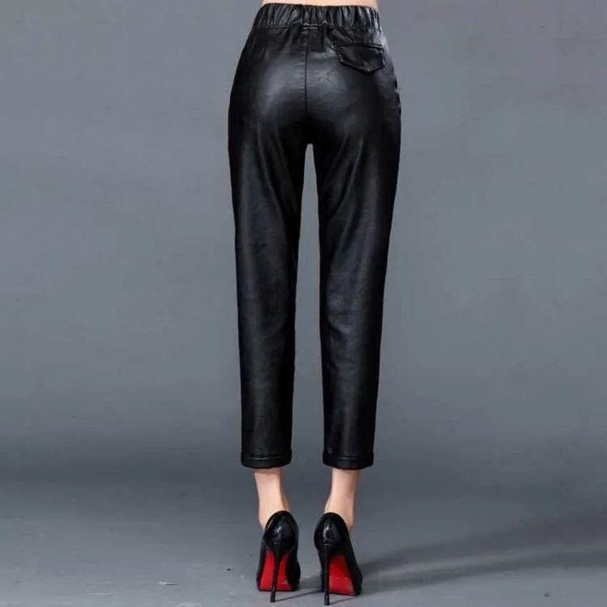 2023 New Fashion Sheep Skin Leather Pants Female Elastic Waistline Trousers Women Winter Outer Wear Plus Velvet Down Pants S-xxl