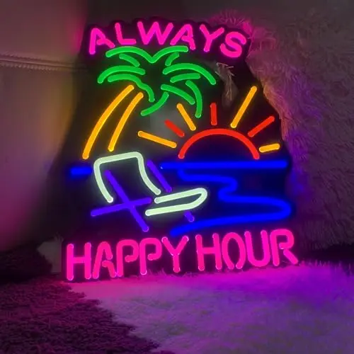 Always Happy Hour Neon Light Sign, LED Light Home Wall Signs Gifts, Palm Tree, Beach, Sun, Colorful Decorations Light Party Bar