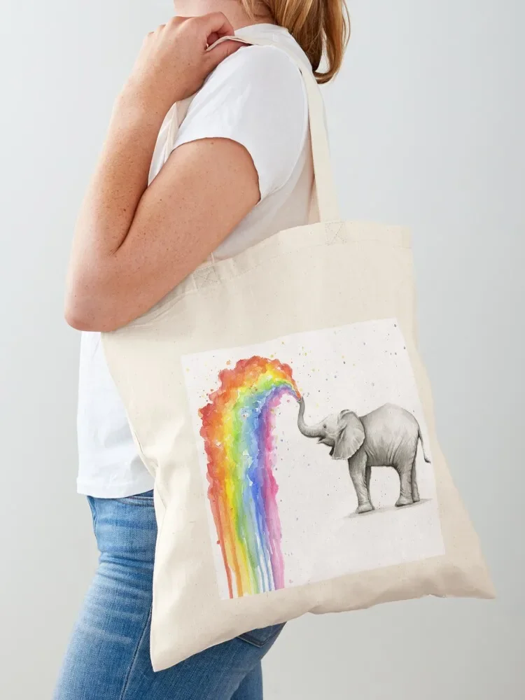 Baby Elephant Spraying Rainbow Tote Bag tote university Cloth bags the