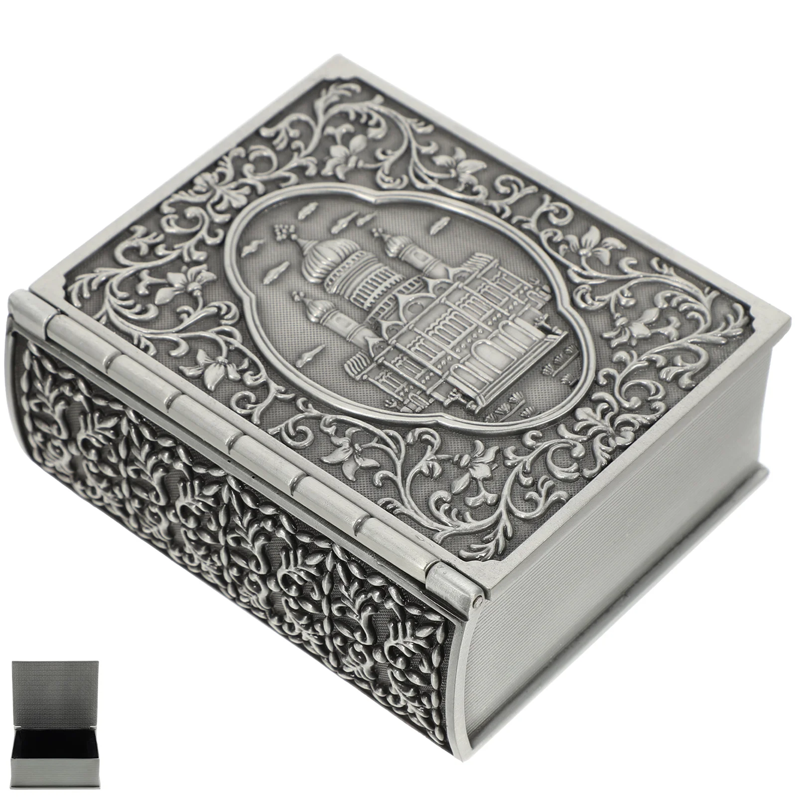 

Zinc Alloy Box Book Shape Castle Pattern Storage Container Book Storage Box for Necklaces Earrings Rings Gifts