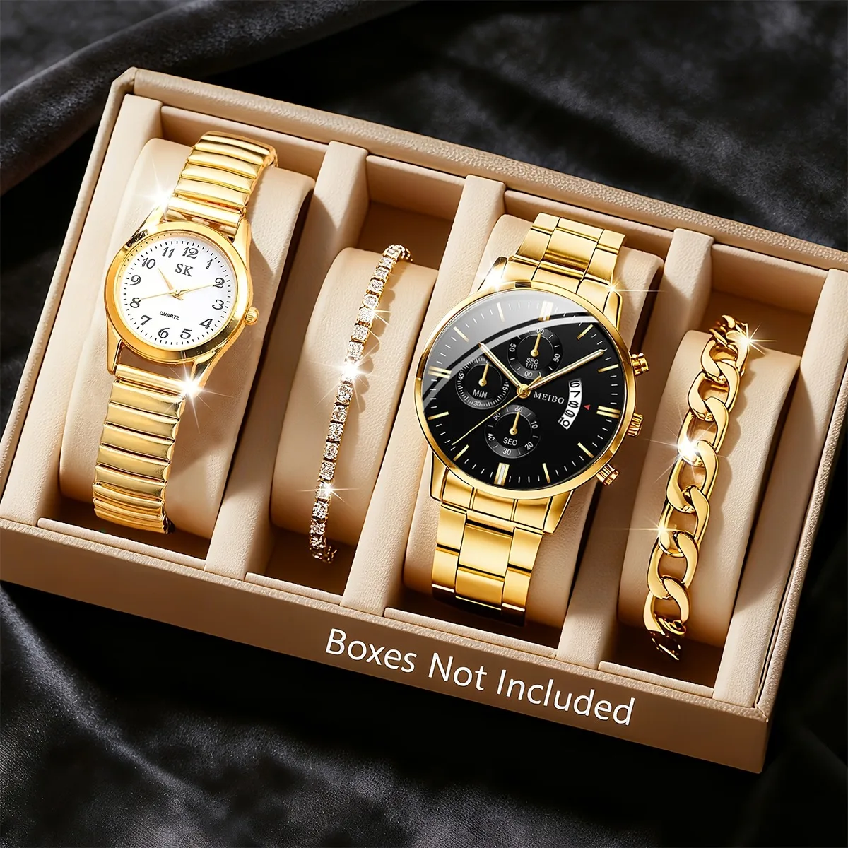 4PCS Fashion Couples Watches Bracelets Set Elegant Women Quartz Arabic Dial Stainless Steel Men Calendar Wristwatch（Without Box）