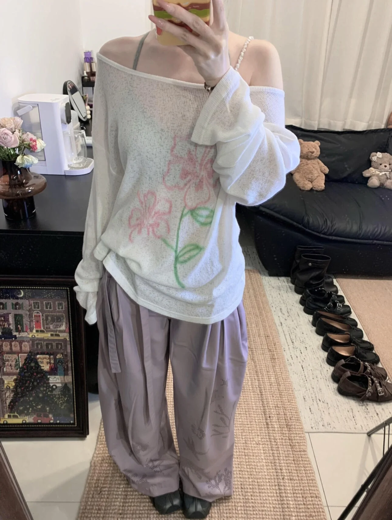 Korean Style Lazy Casual Floral Print Thin Semi-Transparent Long Sleeve Women's T-Shirt Summer Loose Shoulder T-Shirt UV Prot...