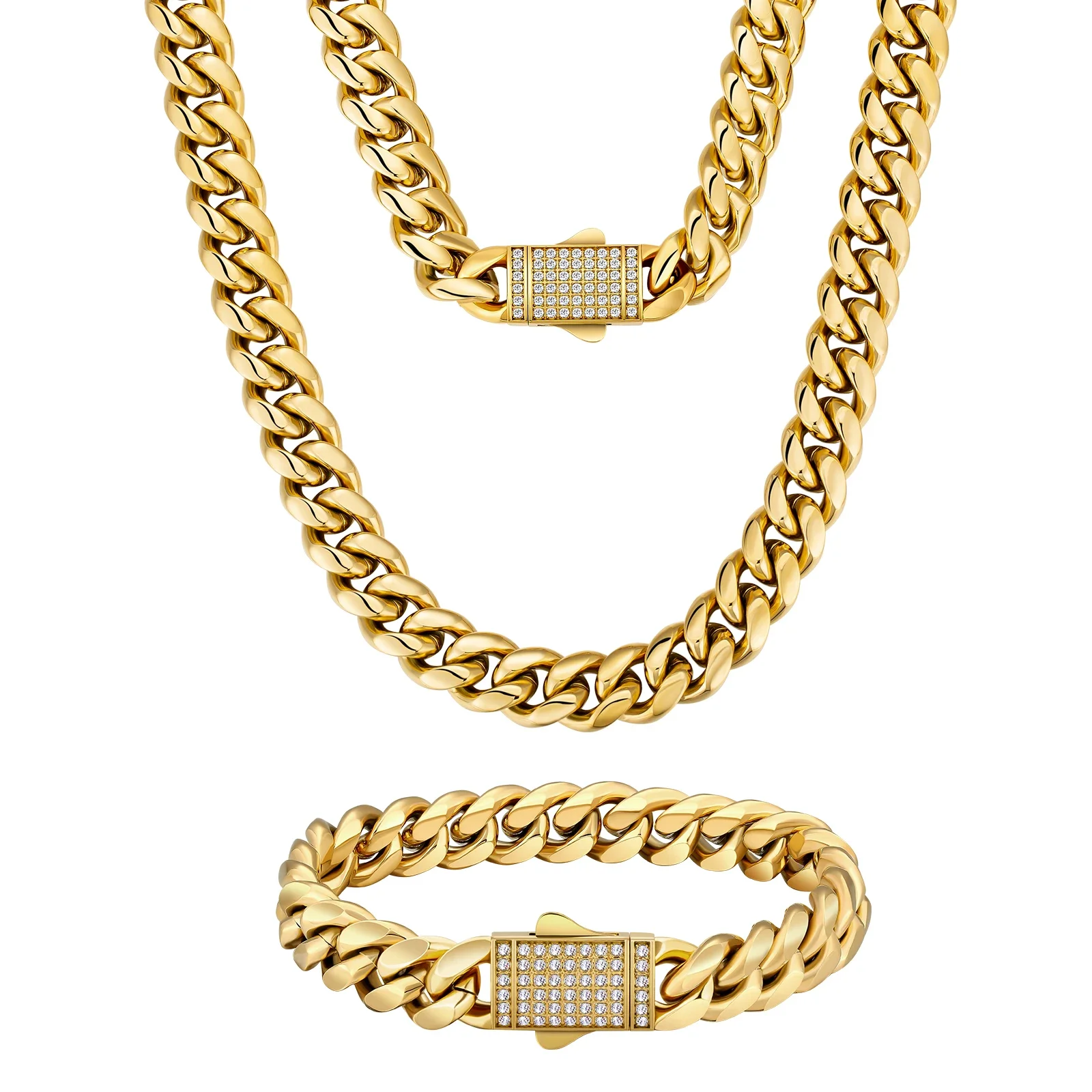 

Double-sided Iced Out Clasp Necklace 18K REAL Gold Stainless Steel 12mm Miami Cuban Link Chain CZ H ip Hop Jewelry for Men Women